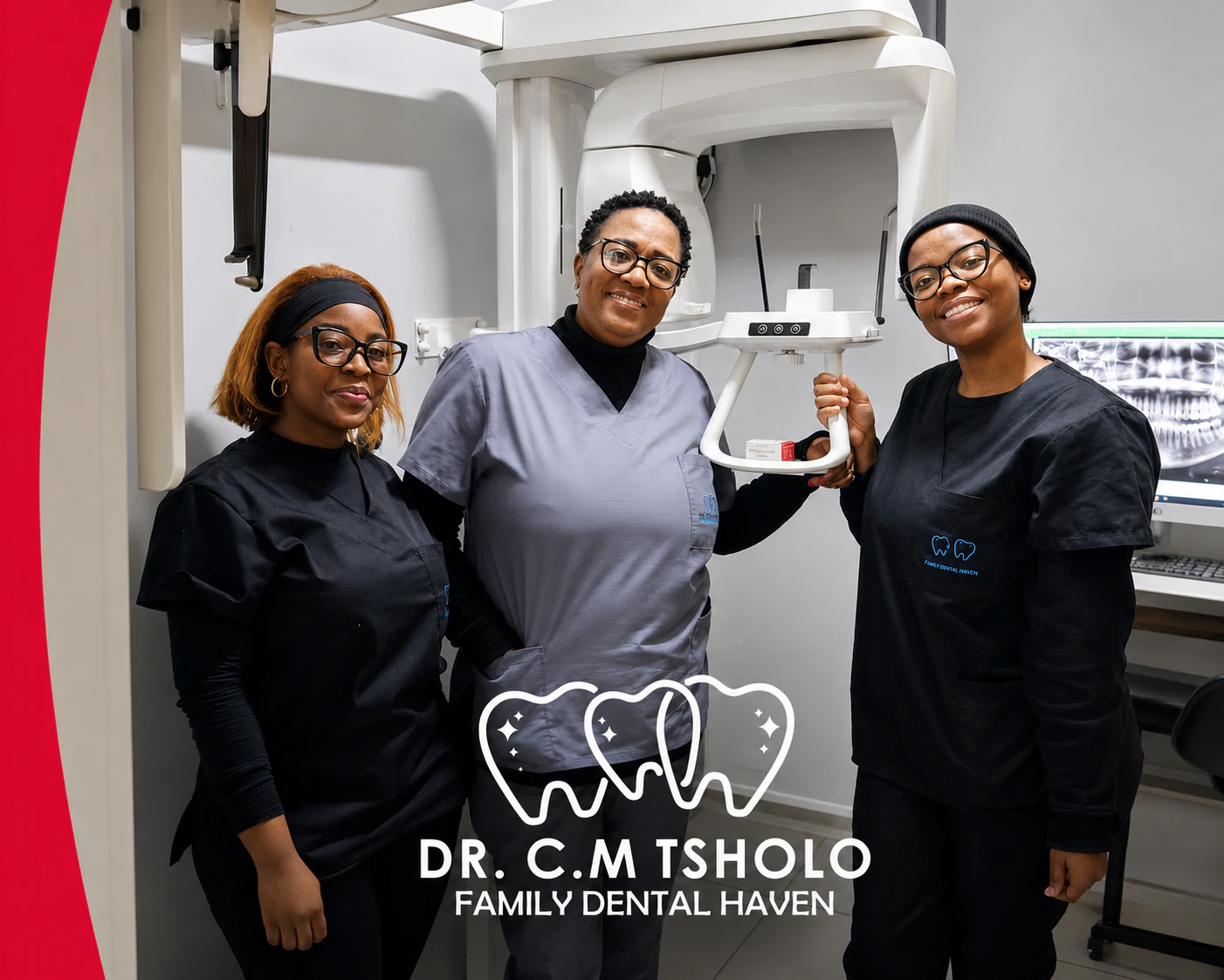 Dr Christina Mantoa Tsholo with two Family Dental Haven team members beside the practice’s panoramic dental imaging equipment