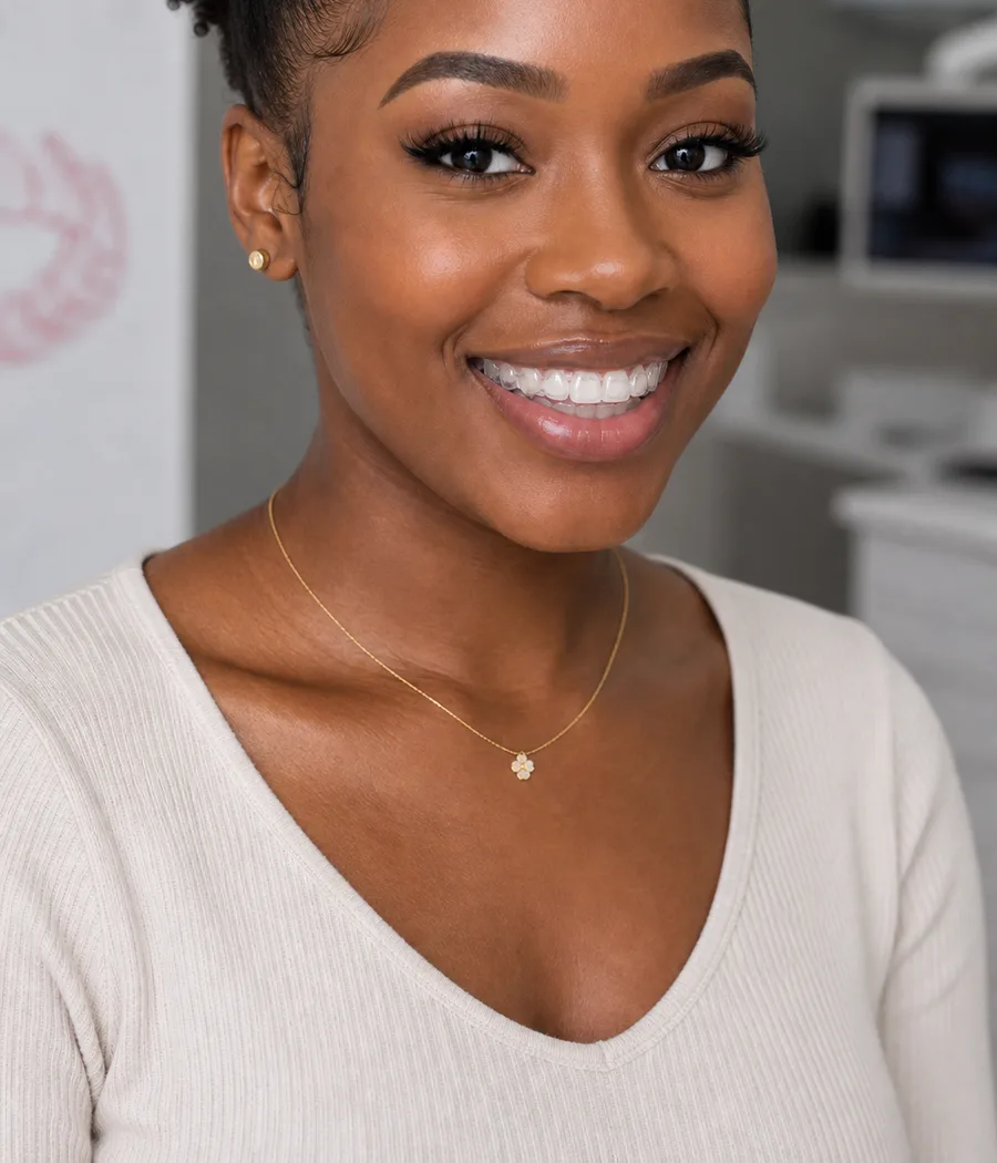 Smiling patient wearing clear orthodontic aligners